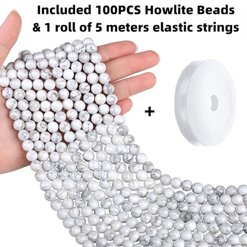 QINJIEJIE 100PCS Howlite Beads 8mm Natural Beads Round Loose Gemstone Bead for Bracelet Beading Crystal Jewelry Making DIY Necklace Earrings 0.32" - color: Howlite, size: 100PCS