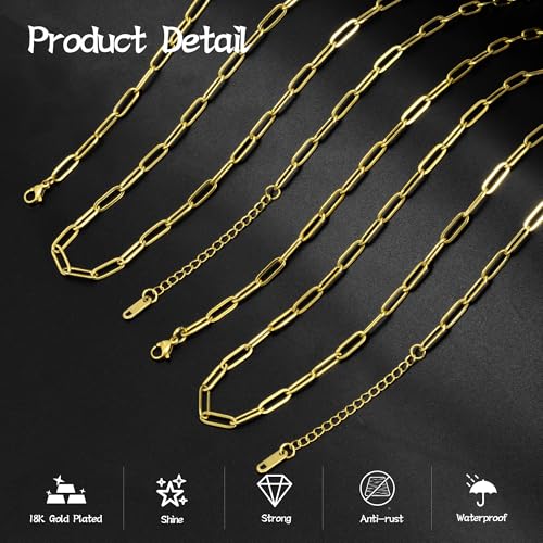 20 Pack 18Inch 18K Gold Plated Paperclip Charm Necklace Chains for Jewelry Making Adjustable 4mmx12mm Stainless Steel Necklace Chain with 2 Inch Extension Chain for Women - color: Necklace 20 Pcs Gold Necklace