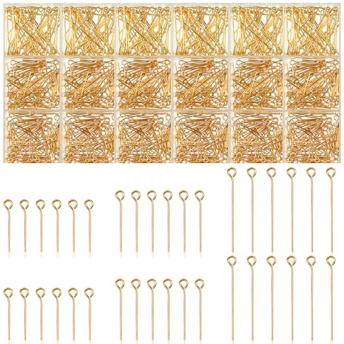 Junkin 1400 Pcs Eye Pins Mix Jewelry Findings 0.63 * 0.79 * 1.18 in Open Eye Head Pins Findings for Jewelry Making DIY Necklace Bracelets(Retro Gold) - color: Gold