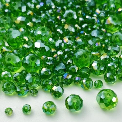 600pcs Crystal Glass Beads 3mm 4mm 6mm 8mm 10mm Rondelle Faceted Crystal Beads Spacer Beads for Necklace Bracelet Earrings DIY Jewelry Crafts Making Supplies(Green AB) - color: Green AB
