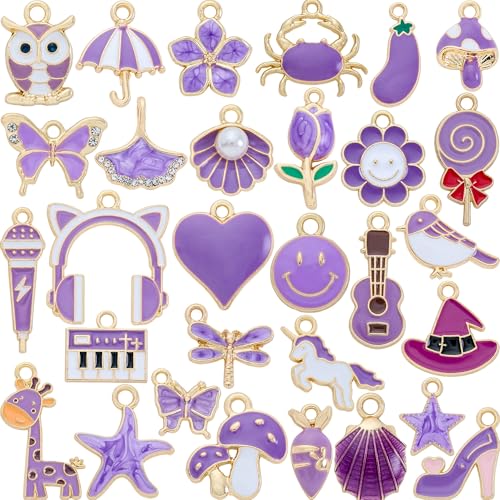 Anjulery 30Pcs Charms for Jewelry Making and Crafting - Assorted Enamel Charms for Bracelets Necklaces Earrings Pendants (Purple) - color: Purple