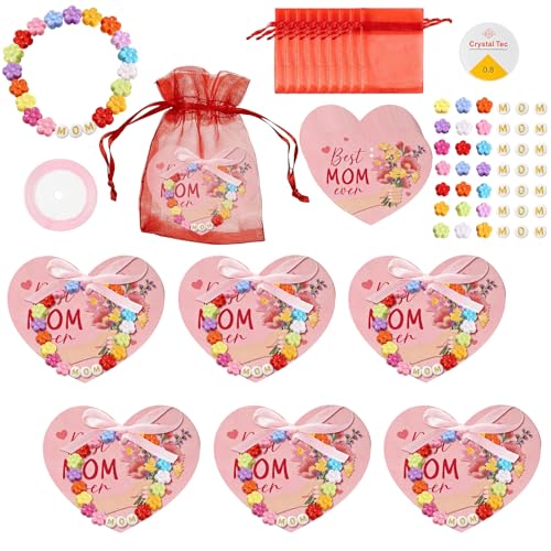 SYUCVQI Mom Bracelet Craft Kit DIY Bead Craft Kit Mother's Day Flowers Necklace Bracelet with Cards and Bags for Mother's Day Jewelry for Family Classroom Making Party Activities