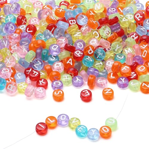 LAIDANLA 1500PCS Acrylic Letter Beads Alphabet White Letters Transparent Colorful Round Bead 7×4mm for Jewelry Bracelets Necklaces Key Chains Making - color: D-White Letter Transparent Colorful Beads