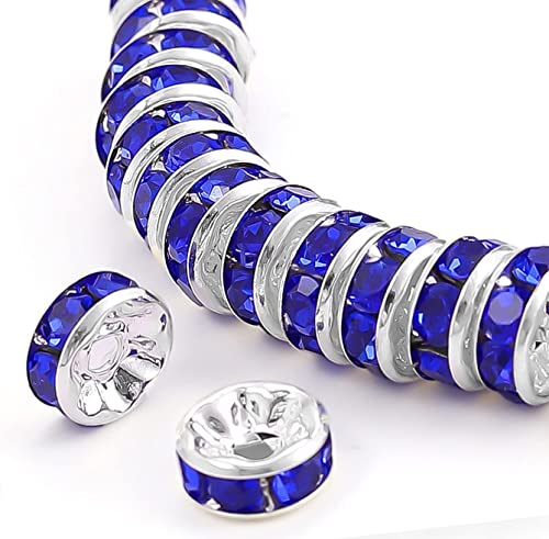 200Pcs 6mm Rondelle Spacer Beads Silver Plated Blue Crystal Rhinestone for Jewelry Making Loose Beads for Bracelets - color: blue, size: 6mm