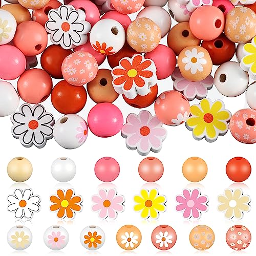 Tradder 200 Pcs Daisy Wooden Beads for Crafts 16mm 20mm Assorted Loose Spacer Round Daisy Flower Wood Beads for DIY Crafts Necklace Bracelet Jewelry Making Garland Home Decor - style: Daisy Flower