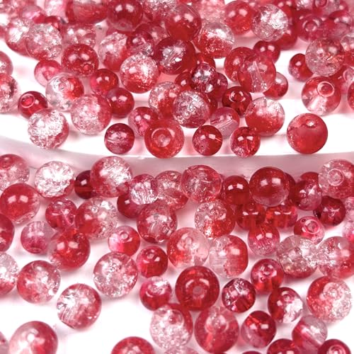 300pcs Crackle Glass Beads, 6mm and 8mm Red Crystal Glass Beads Round Loose Spacer Bulk Beads for DIY Craft Earring Necklace Bracelet Jewelry - color: Red