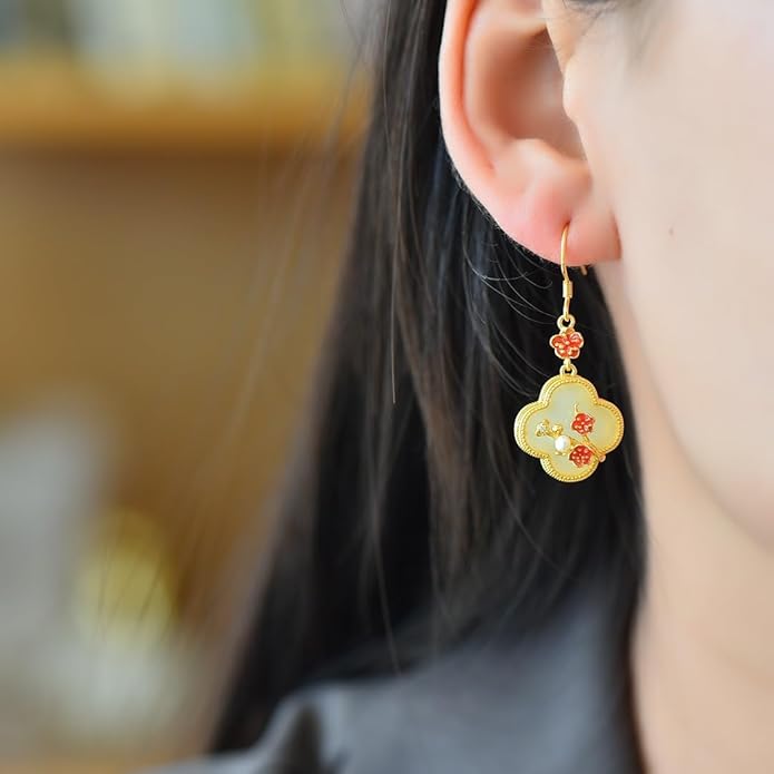 14K Gold over S925 Real Natural Jade Plum Blossom Earrings, Enamel Vintage Style Dangle Earrings, Delicate Jade Jewelry Gift for Wife's Elegance