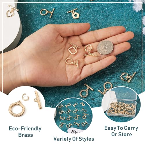 32 Pcs Gold Toggle Clasps Brass OT Toggle Jewelry Clasps Heart & Flower & Round Ring T-Bar Closure Clasp Fastener IQ End Connectors for DIY Necklace Bracelet Jewelry Making - color: Golden-Mix Styles
