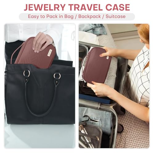 Jewelry Travel Case Organizer for Necklaces, Earrings, Rings, Bracelet, Watch, Soft Sided, Red Sandalwood - color: Rosewood Pink