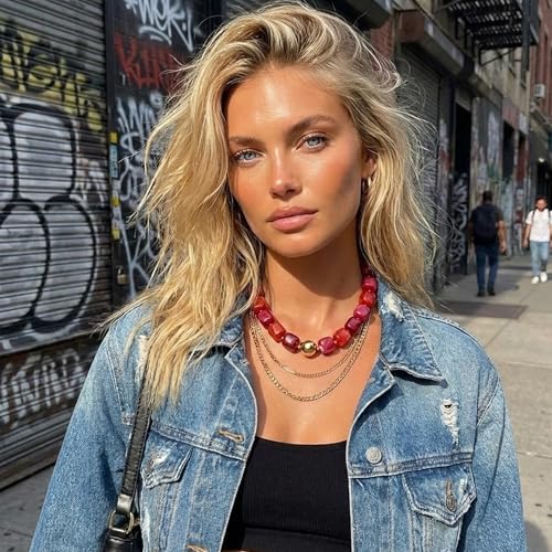 Mchic Colorful Beaded Choker Necklace for Women: Boho Large Square Acrylic Beaded Necklace Stainless Steel Adjustable Surfer Beach Strand Necklaces Summer Handmade Jewelry Gift for Women - color: Red