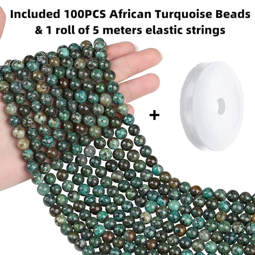 QINJIEJIE 100PCS African Turquoise Beads 8mm Natural Stone Beads Round Loose Gemstone Bead for Bracelet Beading Crystal Jewelry Making DIY Necklace Earrings 0.32" - color: African Turquoise, size: 100PCS