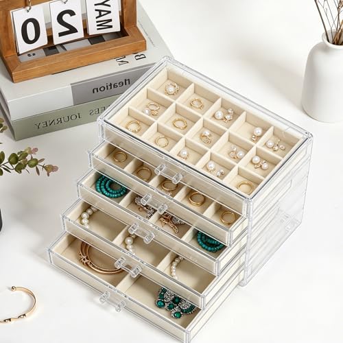 CLUQMEIK Acrylic Jewelry Organizer Box with 5 Drawers, 50 Grids Clear Earring Box Organizer with Adjustable Velvet Trays, Jewelry Storage Organizer for Women Girls, Beige