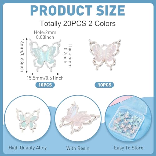 FASHEWELRY 20Pcs Alloy Butterfly Charms Filigree Butterfly Insect Pendants with Iridescent Color Resin 16mm Bling Butterflies Nail Charms for Earring Jewelry Making Necklace Bracelet Craft - color: Butterfly-Blue Pink