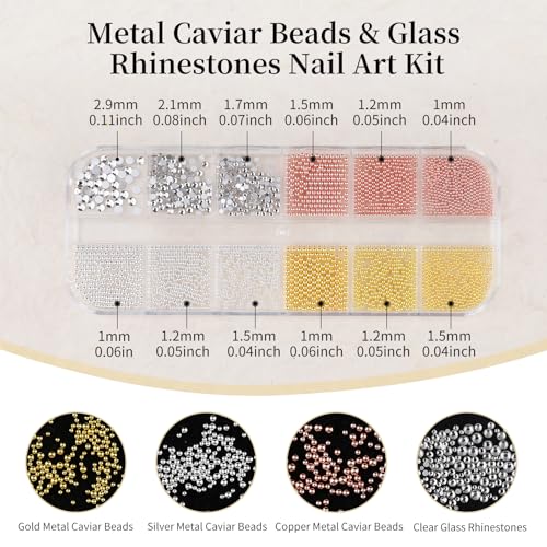 3D Mini Small Metal Stainless Steel Caviar Nail Beads Balls, 0.8-3mm Gold Silver Alloy Nail Art Chain Charms Studs with Tweezers and Dual-end Brush (4-K1-metal-beads-rhinestones) - color: 4-K1-metal-beads-rhinestones