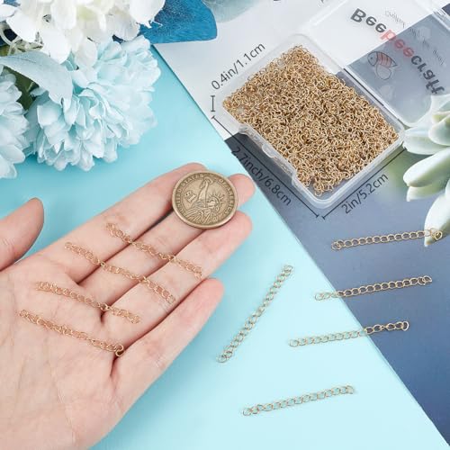 Beebeecraft 1 Box 100Pcs Extension for Necklace Antique Golden 1.8~2 Inch Stainless Steel Curb Bracelet End Chain Jewelry Extenders Tail Chains for Jewelry Making DIY Crafts Anklets Key Chains - color: Antique Gold