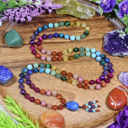 108 Mala Beads Genuine Semi-Precious Gemstone Hand Knotted 8MM Prayer Beads Long Multicolor Necklace 40 Inches - style: chakra