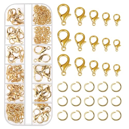 Tanstic 170Pcs Gold Lobster Claw Clasps with Open Jump Rings Kit, 10mm, 12mm, 14mm, 16mm, 18mm Alloy Small Jewelry Clasps Lobster Clasps and 6mm Jump Rings for DIY Jewelry Making - color: Gold Jewelry Clasps