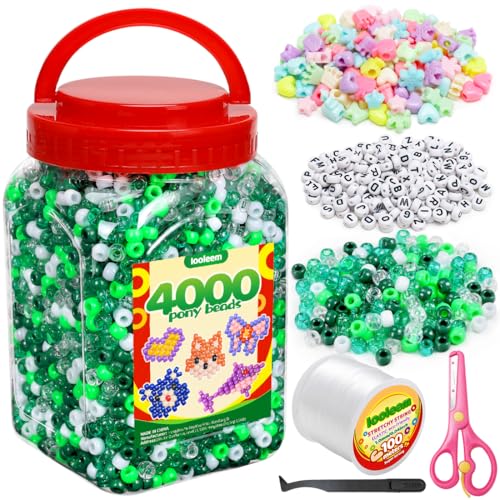 IOOLEEM Green Solid & Glitter Bulk Pony Beads - 4000pc Kit for Friendship Bracelets & Jewelry Making, Easy Storage - color: Green & Glitter