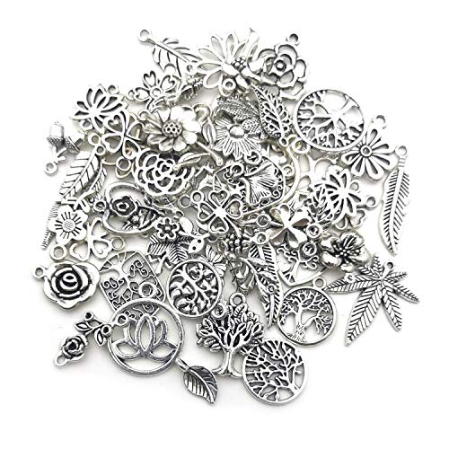 Youdiyla 100pcs Mix Silver Tree Flower Charms Collection, Bulk Mini Small Little Charms Metal Pendant Craft Supplies Findings for Necklace and Bracelet Jewelry Making (HM291) - color: Tree Flower Charms-100pcs
