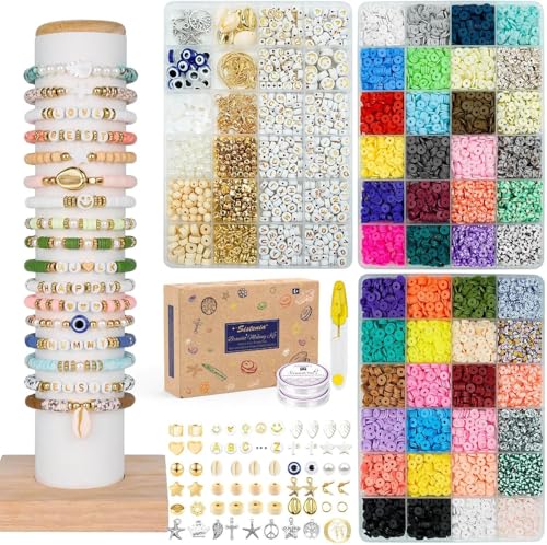 Bracelet Making Kit, 10,000 Pcs Polymer Clay Beads, 48 Colors Round Letter Beads Jewelry Making Kit Friendship Bracelets Heshi Beads with Charms Strings Crafts Gift for Girls Adults - color: Fashion color