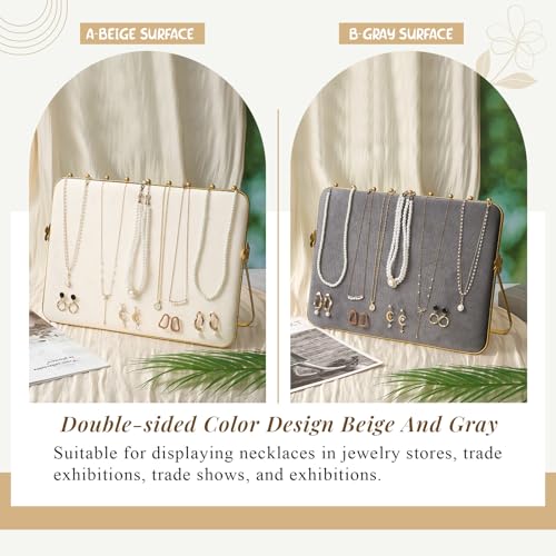 Colingmill 2 Pack Necklace Display Stand for Vendors 14 x 9.7 Inch Large Velvet Necklace Display Stand Double-sided Chain Holder Beige Grey Chain Jewelry Holder for Selling Craft Show Exhibidores