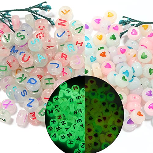 ToBeIT 1000pcs Letter Beads Alphabet Letter Bead Glow in The Dark Acrylic Bead Round 4X7mm UV Letters Beads Jewelry Findings Charms for DIY Bracelet Necklace Craft Making (Glow-Heart) - color: glow-heart