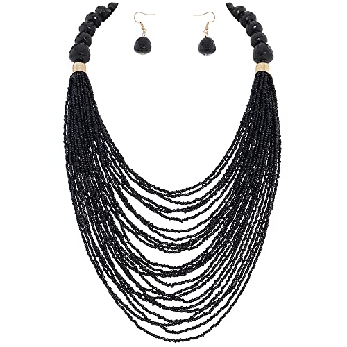 Bocar Necklace for Women, Multi Layer Statement Necklace, Long Chain Chunky Bib Seed Beads Necklace, Necklace Earring Set for Women Gift (NK-10693) - color: Black