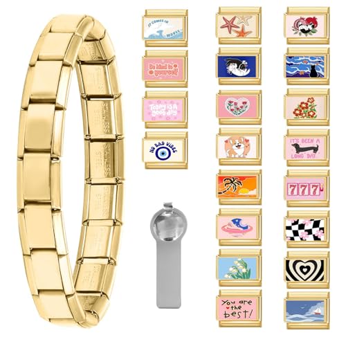 Italian Charms Bracelet Sets with 1Pcs Starter Brascelet 9Pcs Charms 9mm Italian Modular Charm Bracelet DIY Module Jewelry Gifts - color: A-Starter Bracelet Set-20Pcs Gold Red