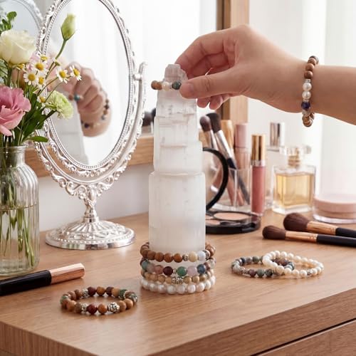RattanView Large Selenite Tower 8'' Selenite Bracelet Holder Display Organizer Stand Healing Cleansing Recharging Home Decor