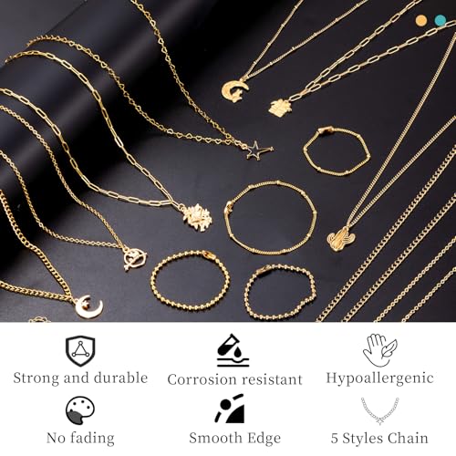 HUISUYTON 16.4 FT Gold Chain for Jewelry Making, Jewelry Making Chains Kit with Jump Rings/Lobster Clasps/Connectors/Charms/Pliers, Stainless Steel Necklace Chains for DIY Craft - color: Gold-16.4Ft+Pendants