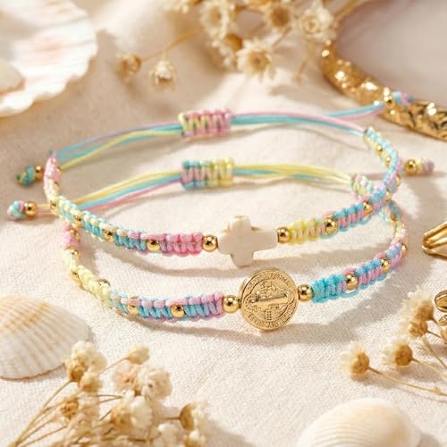 Christian Cross Jesus Pendant Charm Gold Rope String Beaded Bracelets Stack Set for Women,Handmade Bohemian Colorful Adjustable Jewelry,God Lucky Protection Friendship Gift - color: Colorful