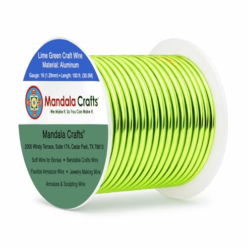 Mandala Crafts 16 Gauge Anodized Aluminum Craft Wire for Jewelry Making - 100 FT Colored Flexible Lime Green Wire - Bendable for Bonsai Armature Crafting Sculpting - color: Lime Green, size: 16 Gauge