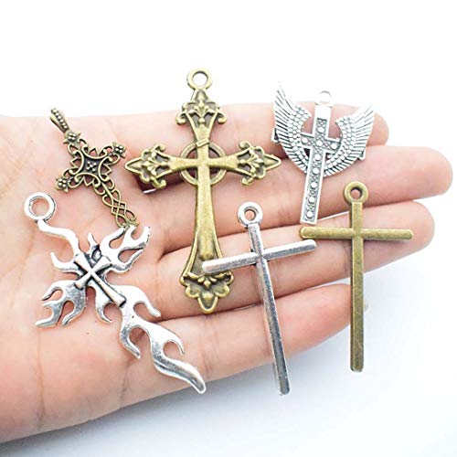Youdiyla 100g Big Cross Pendants Collection - Antique Bronze Silver Sword Holy Angel Jesus Peace Cross Crucifix Metal Charms for Jewelry Making DIY Findings (HM23)