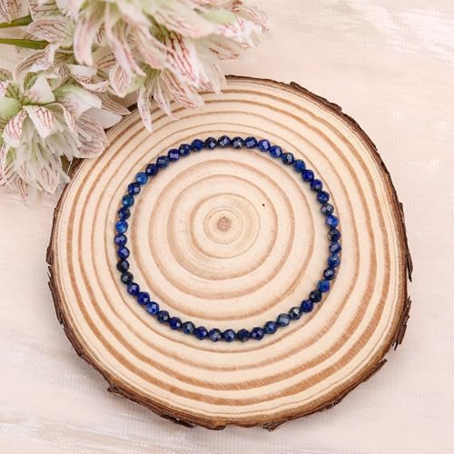 BONNY BOXX Natural Genuine Gemstone Faceted Round Beads Bracelets, 3mm Adjustable Stretchy Tiny Faceted Black Tourmaline Bracelet, Healing Crystal Reiki Chakra Dainty Jewelry Fashion Gifts - color: Lapis Lazuli