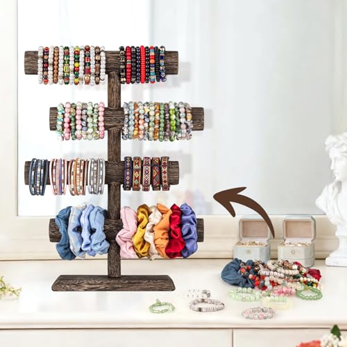LadyRosian 4 Tier Wooden Display Jewelry Accessory Stand Jewelry Bracelet Holder Bangle Watch Necklace Storage Jewelry Holder Stand Display Organizer (Brown-4 layers) - color: Brown 4-Tier