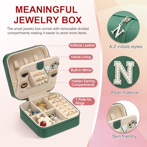 PATIKIL Travel Jewelry Case, N Initial Small Travel Jewelry Box Organizer Rings Earrings Storage Case Personalized Gifts for Women Girls Birthday Christmas Bridesmaid Gifts, Dark Green - style: N
