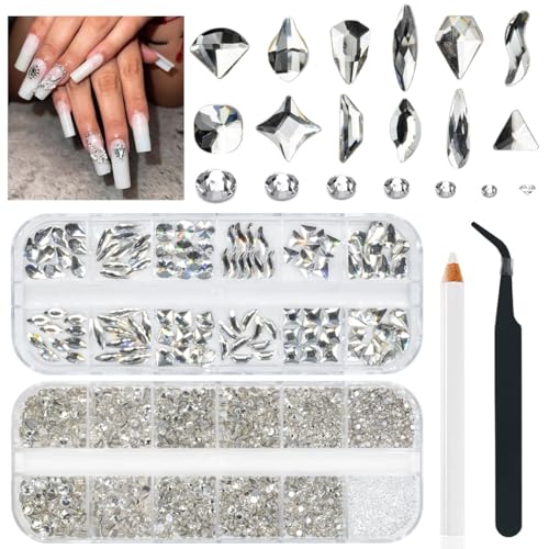 qiipii 4080Pcs Silver Clear Nail Rhinestones Multi Shapes Flatback Crystal White Gems +Round Beads K9 Glass Stones Diamonds Jewels Nail Art Charms Supplies for Nails Faces Eyes Makeup DIY Crafts Phone - color: Crystal Clear, size: B Set