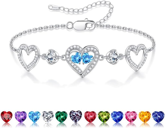 Iefil Valentines Day Gifts for Her - 925 Sterling Silver Heart Birthstone Bracelet Birthday Anniversary Jewelry Gifts for Her Wife