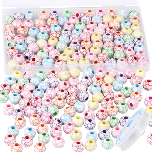 100pcs Rainbow Soccer Beads with 5.5 Yard Elastic Rope,Acrylic Sports Beads DIY Spacer Bead for Necklace Bracelet Keychains Handmade Jewelry Making Accessories Craft Supplies,12mm (Soccer) - color: Rainbow Soccer