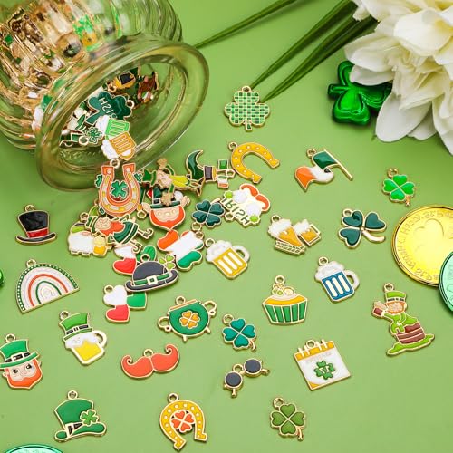 MARFOREVER 120 PCS St. Patrick's Day Charms, Green Shamrock Charms for Jewelry Making, Assorted Gold Enamel Irish Hat Coins Beer Gnome Charm Pendants for Bracelet Necklace Earrings Making Supplies - style: St Patricks Day