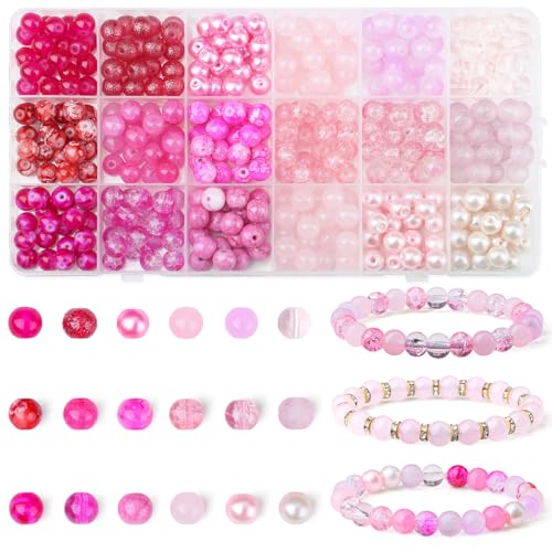 DUQGUHO 8mm Pink Beads for Jewelry Making Pink Glass Beads for Crafts Rose Glass Round Bead for Bracelets, Necklaces & DIY Crafts 360PCS - color: 6-Pink