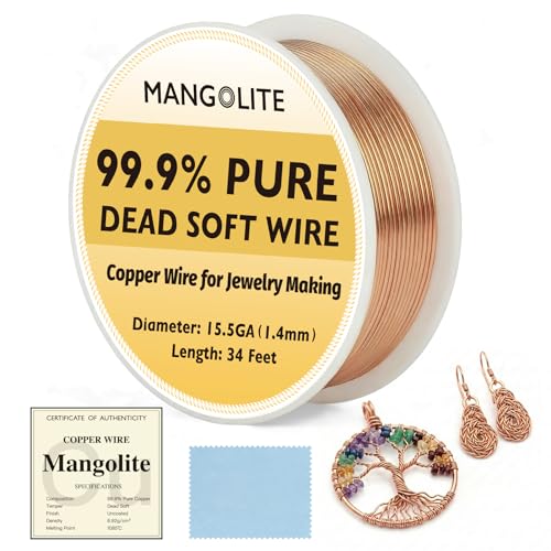 15.5 Gauge/1.4mm Copper Wire for Jewelry Making – 34 Feet Single Spool with Polishing Cloth & COA – 99.9% Pure Dead Soft Bare & Skin Safe Uncoated Craft Wire for Sculpture & Medium Jewelry - size: 15.5 Gauge, style: 5 Ounces