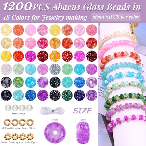 1380pcs Rondelle Glass Beads for Jewelry Making, 48 Colors Abacus Glass Beads for Bracelet,5x8mm Bracelet Making Kit with Gemstone Spacer Rondelle Beads for DIY Crafts Gifts (2 Box)