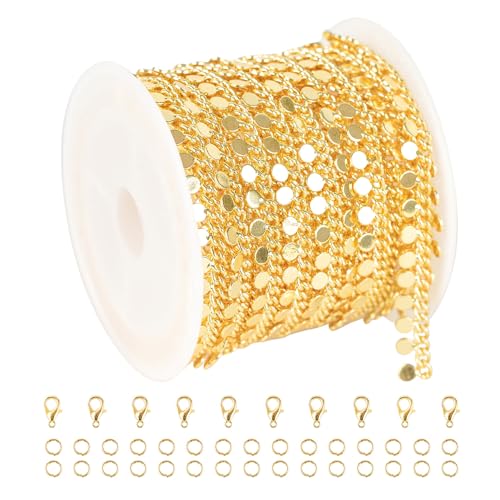 YOUBEIYEE 9.8 Feet 18K Gold Plated Brass Jewelry Chains Bulk Twisted Curb Link Chain Roll Shiny Sequin Waist Chain DIY for Women Jewelry Supplies Findings - color: Sequin