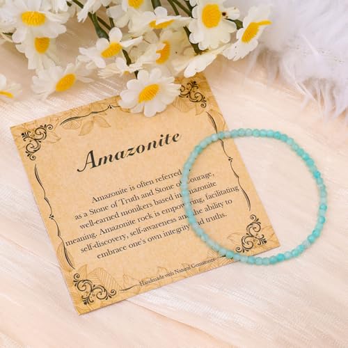 BONNY BOXX Natural Genuine Gemstone Faceted Round Beads Bracelets, 3mm Adjustable Stretchy Tiny Faceted Black Tourmaline Bracelet, Healing Crystal Reiki Chakra Dainty Jewelry Fashion Gifts - color: Amazonite