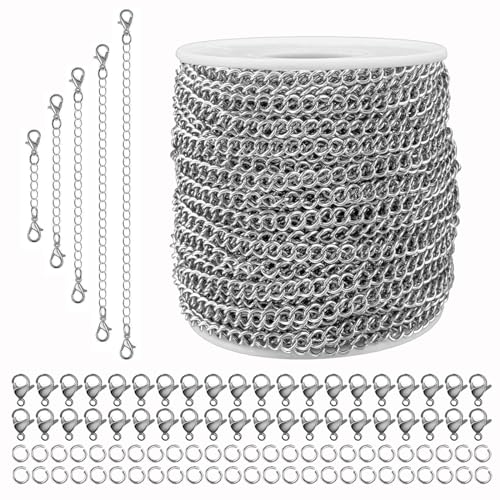 55ft Silver Stainless Steel Curb Chain for Jewelry Making, Twist Link Chain for Bracelet,Jewelry Chain with 100 Pcs Jump Rings and Lobster Clasps for DIY Necklace Hanging,Dog Tag,Keychain(4x3x0.8mm) - color: 4x3x0.8mm-55FT & 100pcs Clasps+Rings