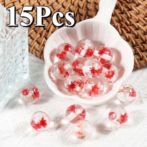 15Pcs Resin Beads Round 16mm Dried Flowers Red Fit for DIY Jewelry Bracelet Necklace Keychain Beadable Pens Mobile Phone Chain Making Cute (Flower-Red) - color: Flower-Red