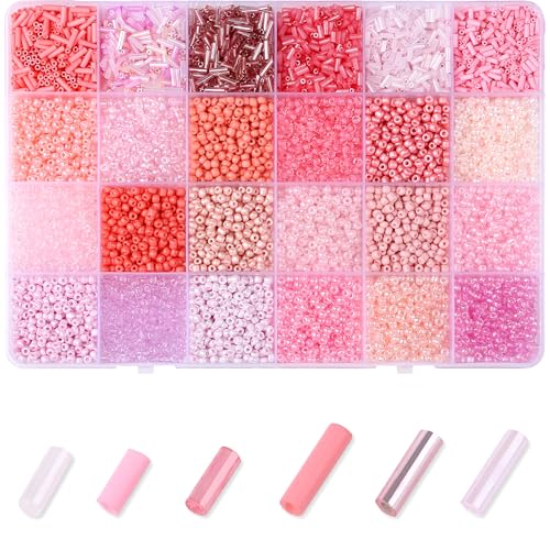 ZHIYUXI 7500Pcs Pink Glass Seed Beads Kit for Jewelry Making with Bugle Tube Bead 24 Colors Waist Embroidery Beads for DIY Bracelet Necklace Making Craft Beading Kit - color: E-Pink