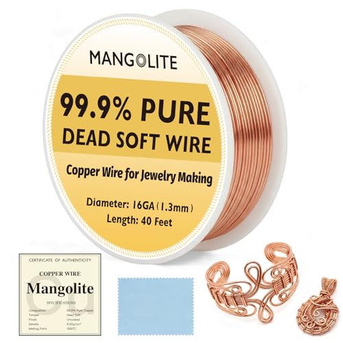 16 Gauge/1.3mm Copper Wire for Jewelry Making – 40 Feet Single Spool with Polishing Cloth & COA – 99.9% Pure Dead Soft Bare & Skin Safe Uncoated Craft Wire for Bracelets & Plant Training - size: 16 Gauge, style: 5 Ounces