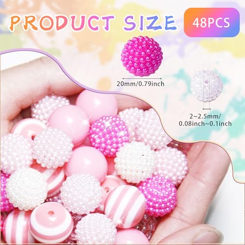 48 Pcs 20mm Beads for Pens Bubblegum Beads Pink Crystal Acrylic Round Chunky Beads Sparkly Large Balls Beads for Pen Beadable Keychain Bracelet Necklace DIY Jewelry Making Supplies - color: Pink Color